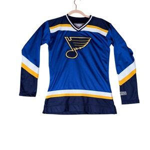 CCM St Louis Blues NHL Hockey Jersey Women XS Blue Yellow V-Neck Long Sleeve